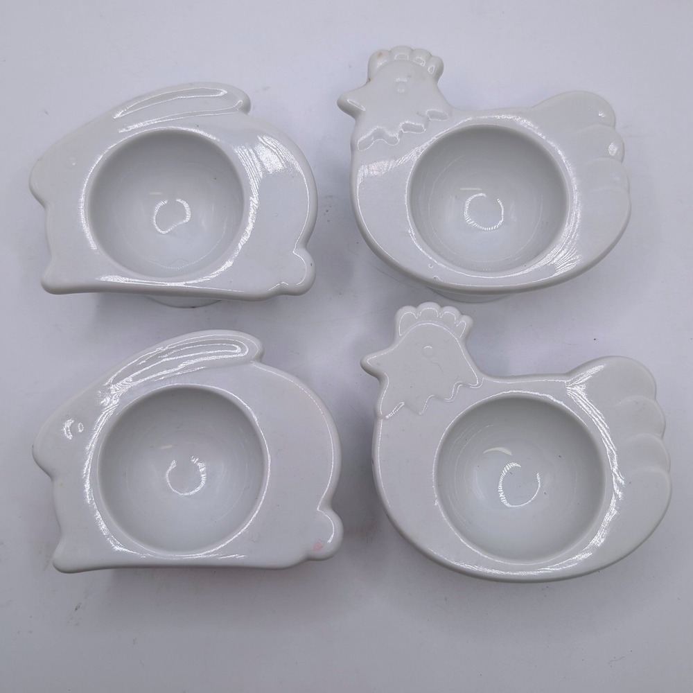 Vtg White Ceramic Animal Egg Cup Set of 4: 2 Bunny Rabbit & 2 Hen Chicken Easter